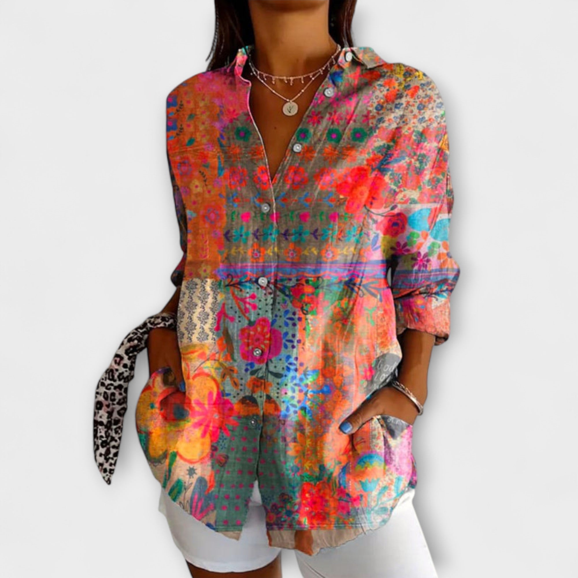 Women's Blouse with Floral Pattern and Long Sleeves