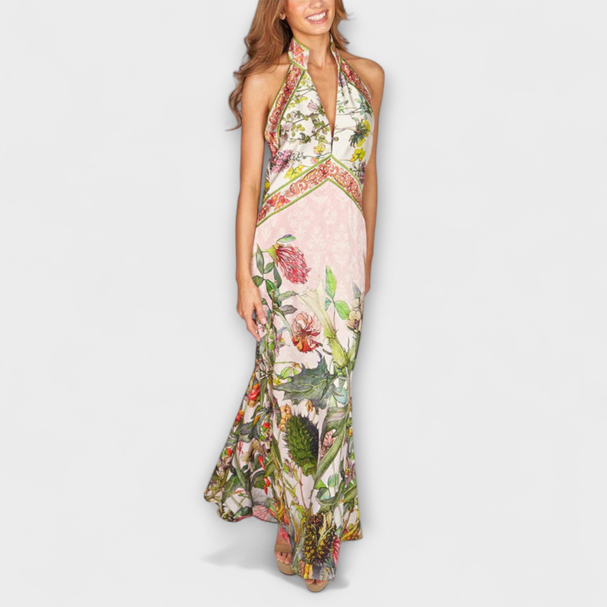 Ayla - Sleeveless Maxi Dress with Floral Pattern and Open Back
