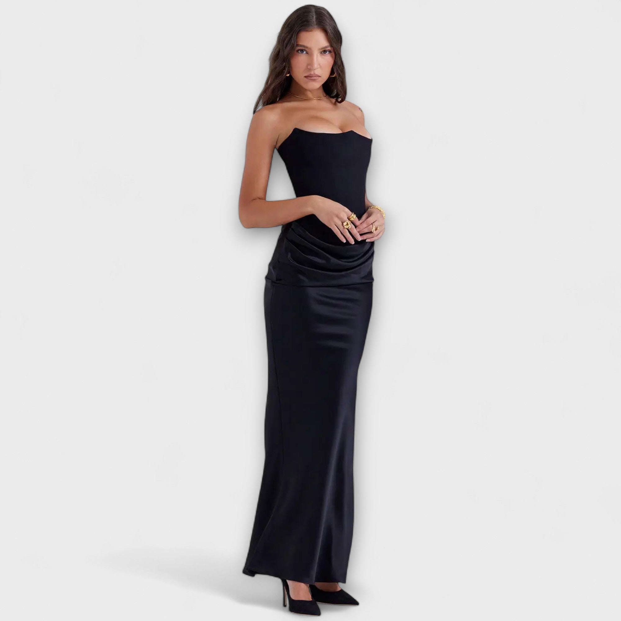 Off-Shoulder Satin Maxi Dress with Draping