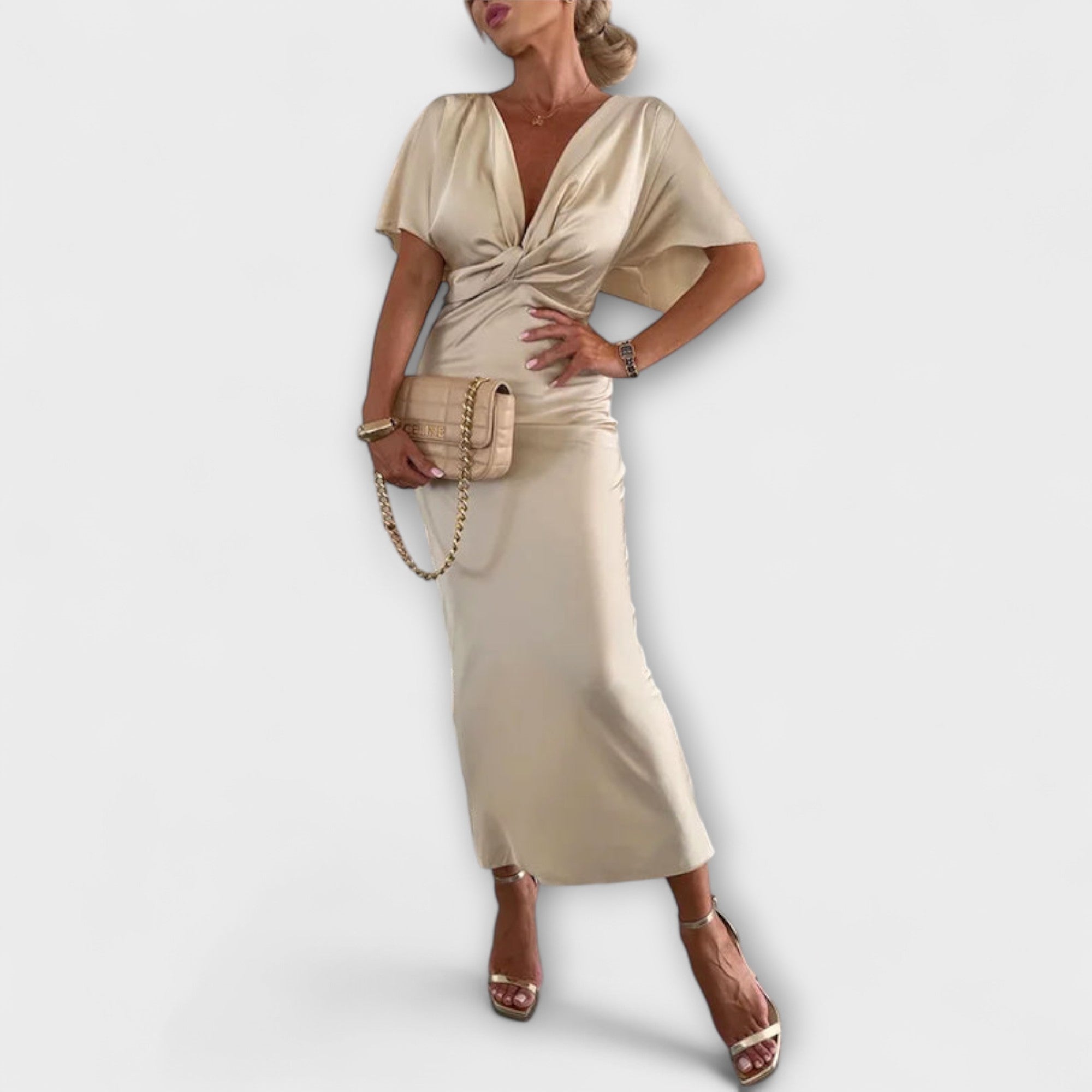 Sable - Elegant Satin V-Neck Cross Knot Slim Fit Maxi Dress