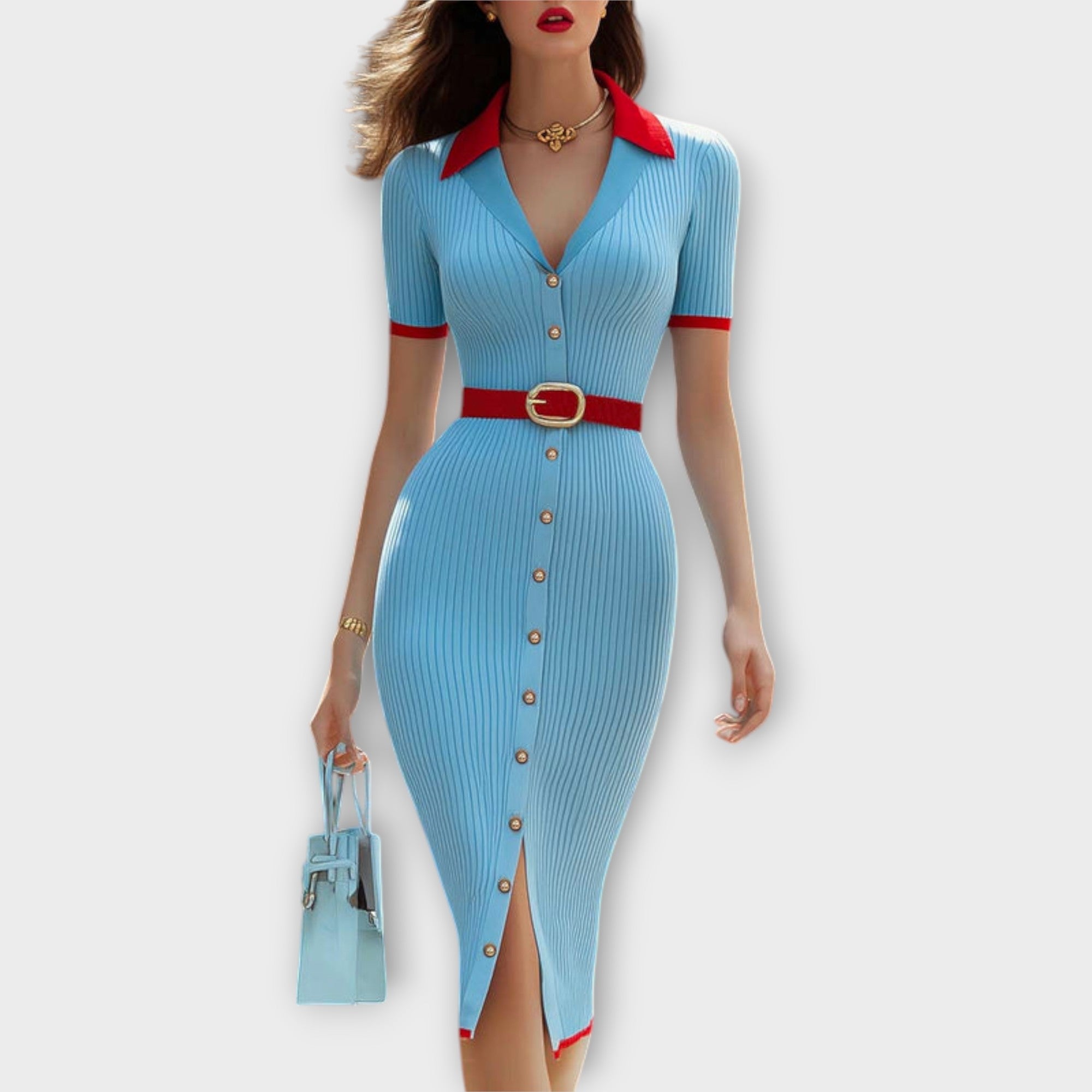 Sina - Stylish Baby Blue Ribbed Knit Pencil Dress