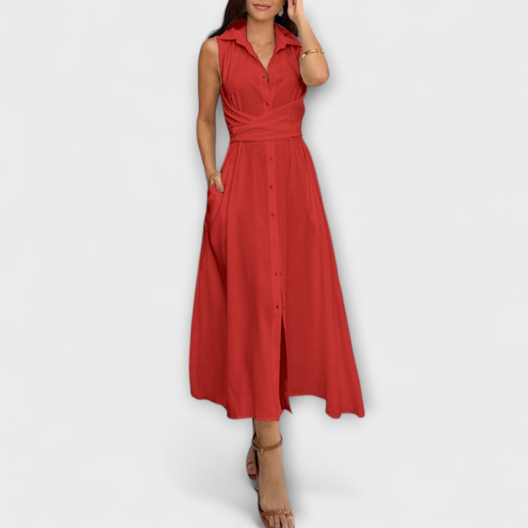 Mira - Eye-catching, single-breasted midi dress with tie belt