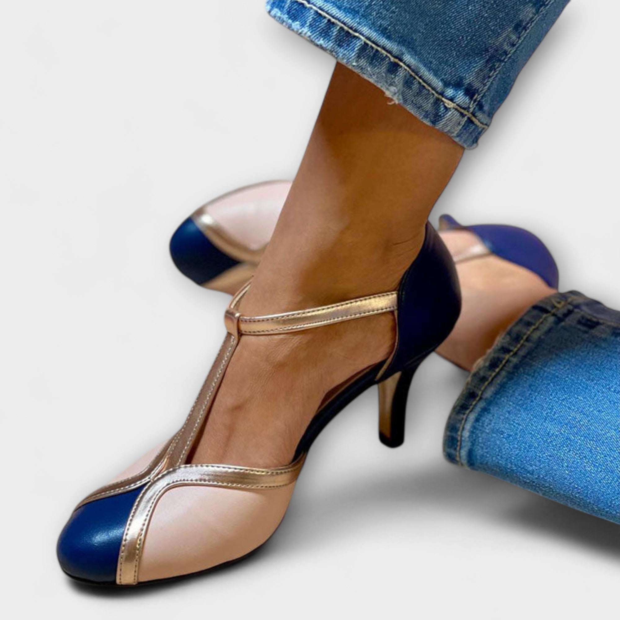 Alessia – Two-Tone T-Strap Elegance