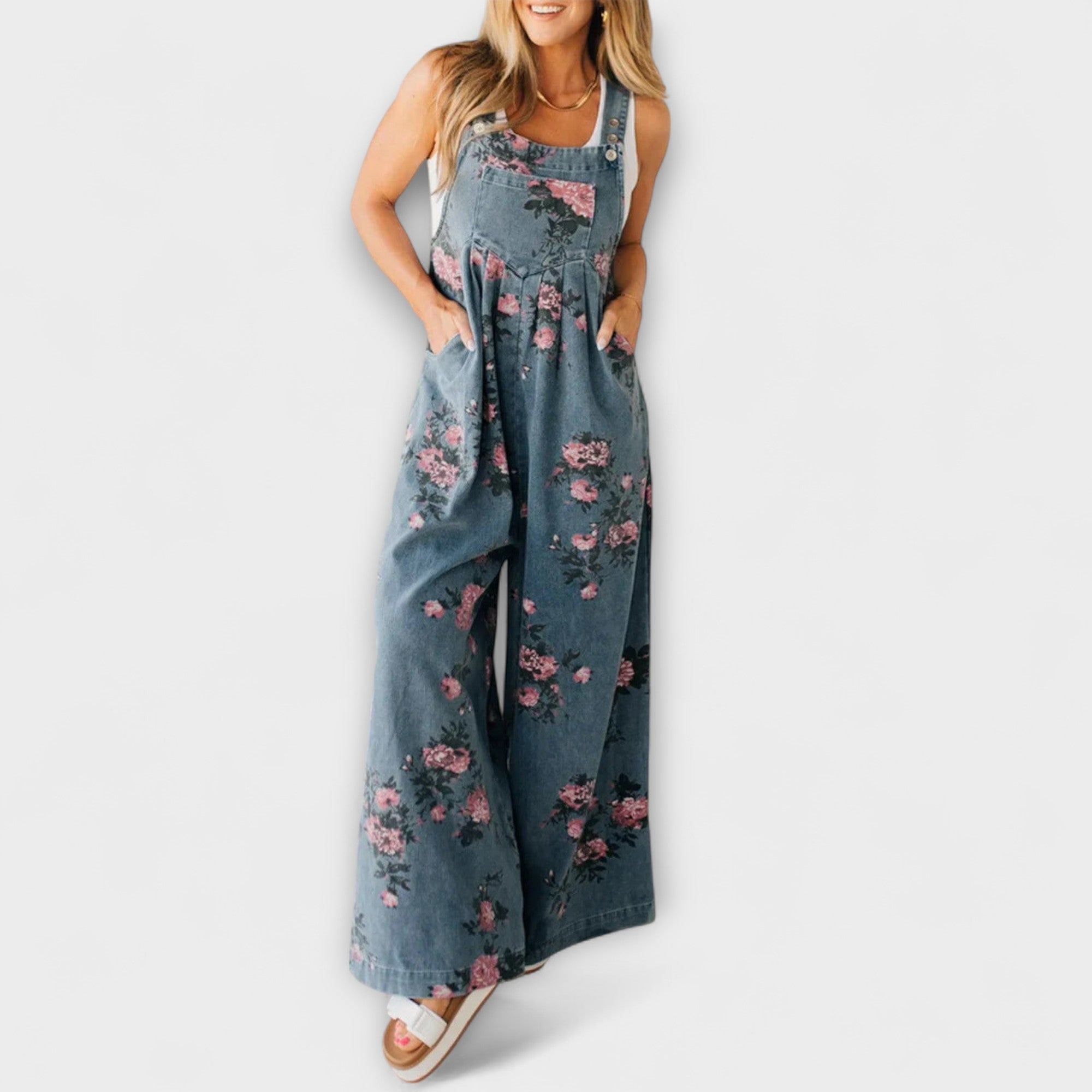 Bethany - Floral Pattern Wide Denim Overalls