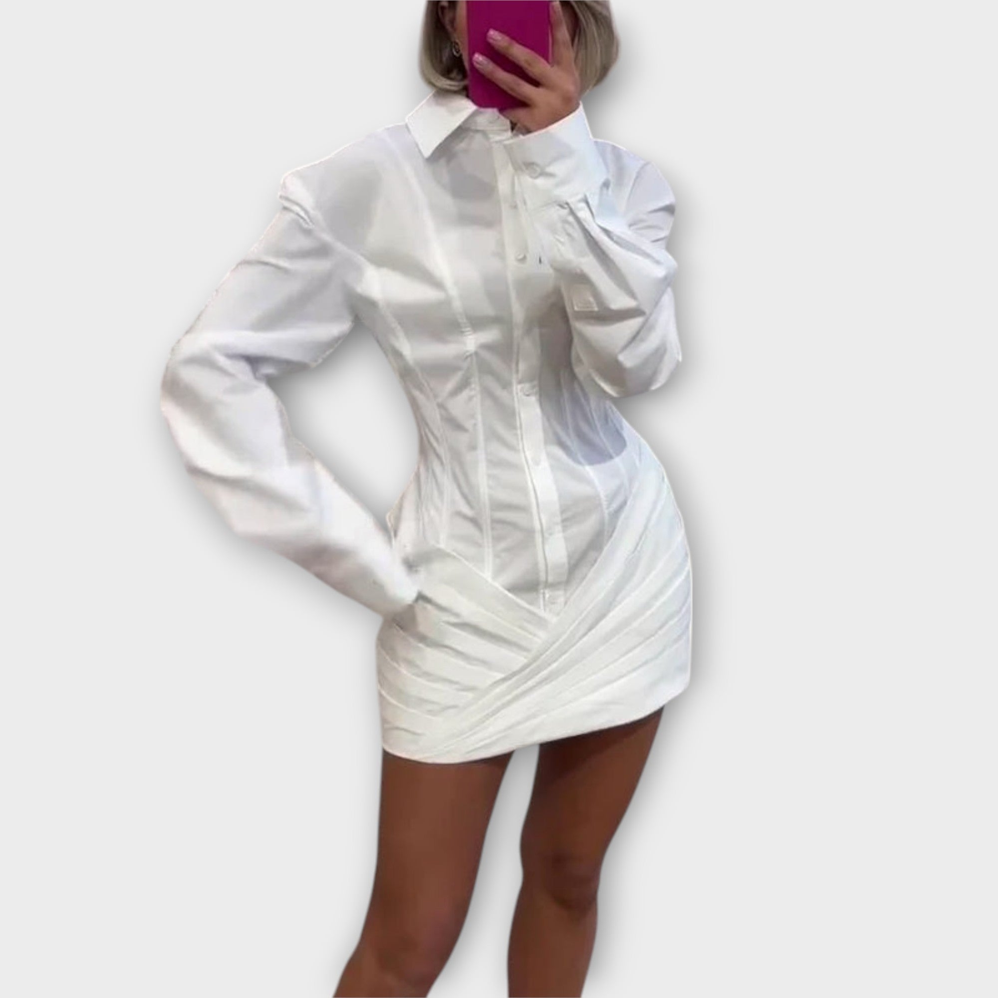 Indie - White Long-Sleeve Pleated Shirt Dress