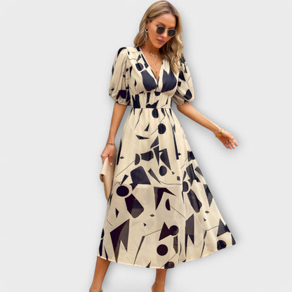 Abstract Maxi Dress with Puff Sleeves