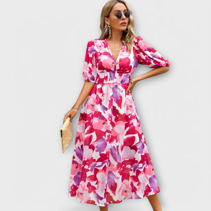 Abstract Maxi Dress with Puff Sleeves