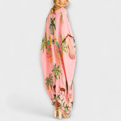 Linda - Eye-catching dress with off-the-shoulder design and coconut tree print