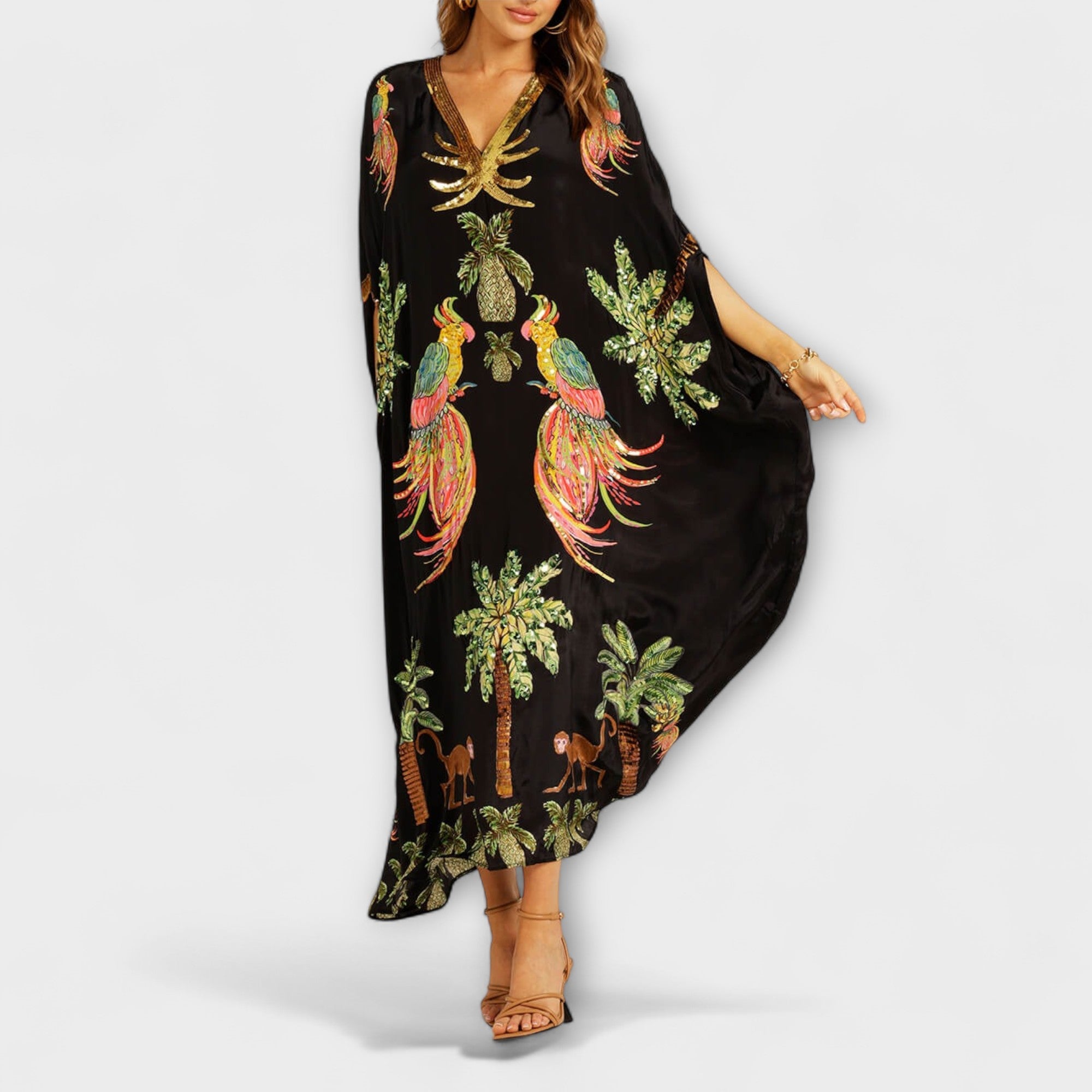 Linda - Eye-catching dress with off-the-shoulder design and coconut tree print